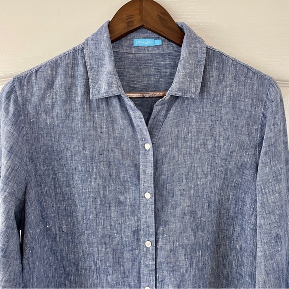 J. McLaughlin Britt Linen Point Collar Long Sleeve Blue Button Front Shirt Top L - Picture 2 of 16